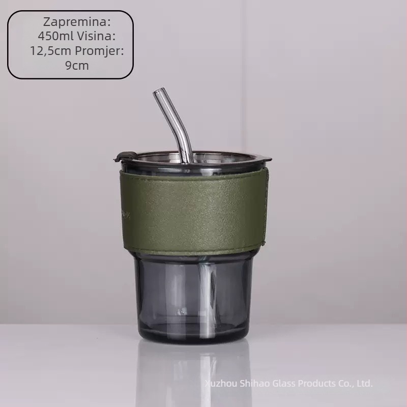 Staklena čaša sa slamkom i poklopcem, toplinska otpornost, nepropusna i izolirana, jednostruka konstrukcija, s otiskom loga