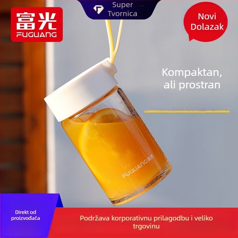 Staklena čaša od borosilikatnog stakla, moderni minimalistički dizajn, mogućnost prilagodbe logotipa, s užetom za nošenje