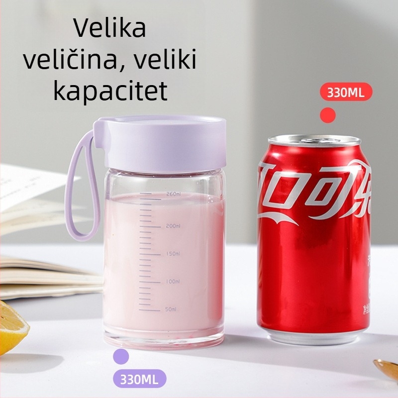 Staklena čaša od borosilikatnog stakla, moderni minimalistički dizajn, mogućnost prilagodbe logotipa, s užetom za nošenje