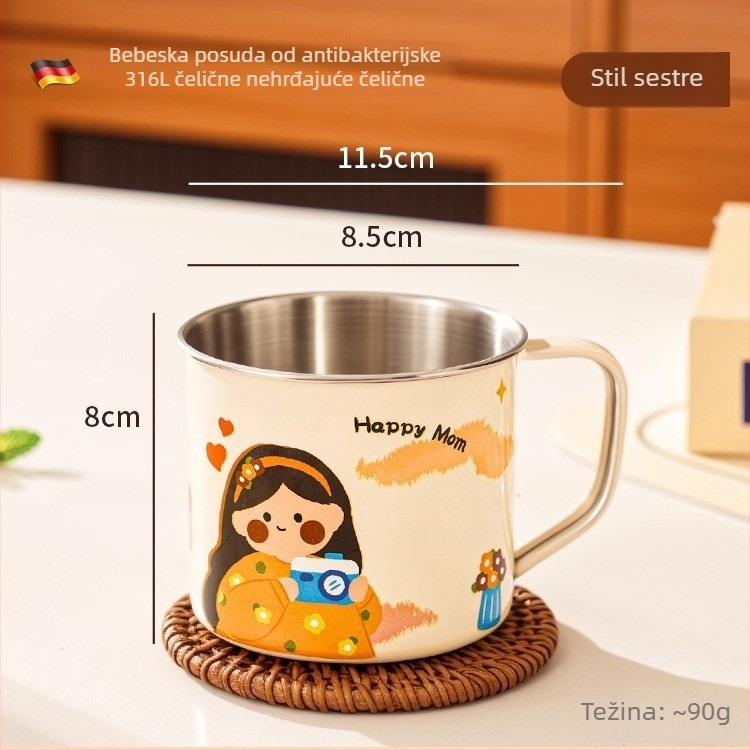 Dječja čaša za mlijeko od 316 nerđajućeg čelika s ručkom, poklopcem i mjernom skalom