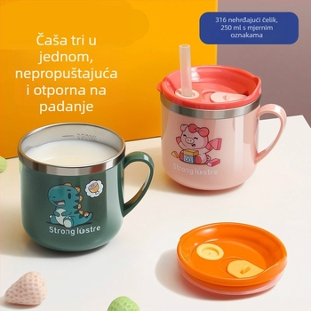 Dječja šalica u karikaturi-stilu od 316 nehrđajućeg čelika, otporna na padove, s mjernom skalom i slamkom