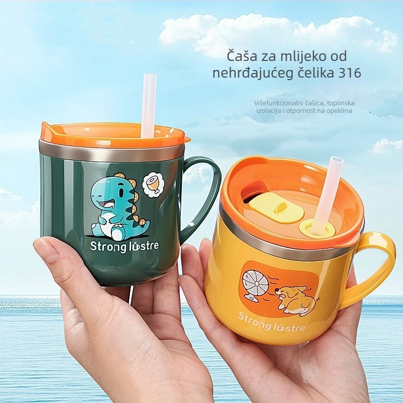 Dječja šalica u karikaturi-stilu od 316 nehrđajućeg čelika, otporna na padove, s mjernom skalom i slamkom
