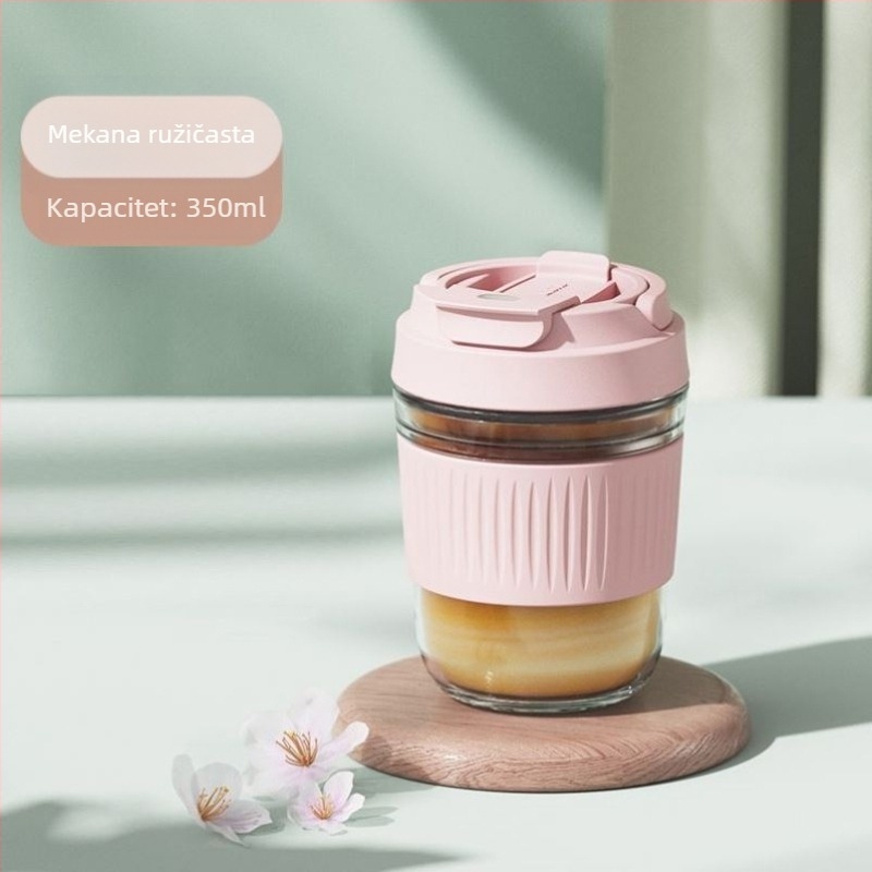 Staklena čaša otporna na visoke temperature, sa slamkom, ručno izrađena, s poklopcem; pogodno za ured, kavu i mlijeko.