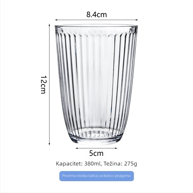Šalica za kavu sa vertikalnim prugama, staklena, otporna na visoke temperature, bez ručke i poklopca, pogodna za ured i dom