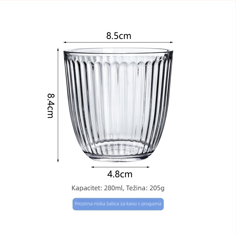 Šalica za kavu sa vertikalnim prugama, staklena, otporna na visoke temperature, bez ručke i poklopca, pogodna za ured i dom