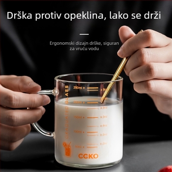 Dječja čašica za mlijeko s mjernom skalom, borosilikatno staklo otporno na visoke temperature, mikrovalno sigurna, s držačem