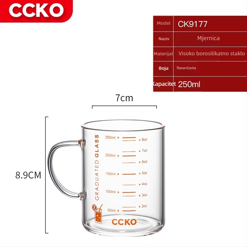 Dječja čašica za mlijeko s mjernom skalom, borosilikatno staklo otporno na visoke temperature, mikrovalno sigurna, s držačem