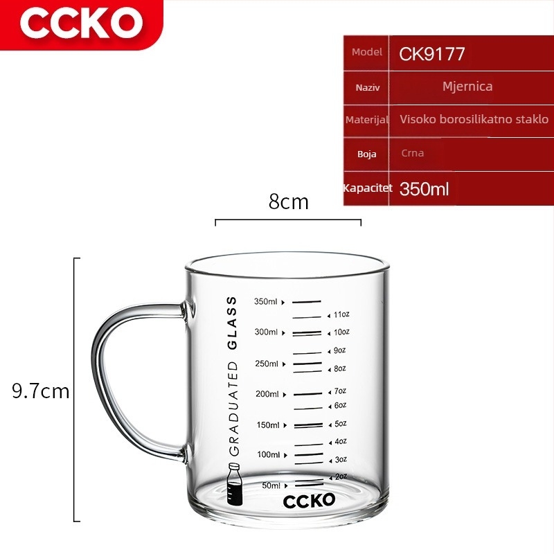 Dječja čašica za mlijeko s mjernom skalom, borosilikatno staklo otporno na visoke temperature, mikrovalno sigurna, s držačem