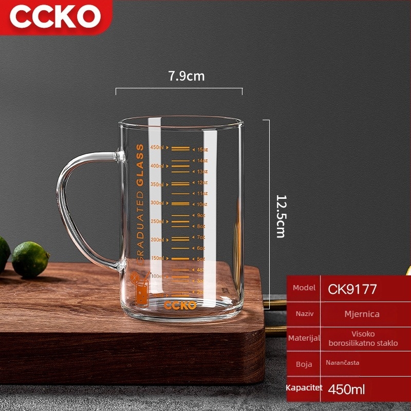 Dječja čašica za mlijeko s mjernom skalom, borosilikatno staklo otporno na visoke temperature, mikrovalno sigurna, s držačem