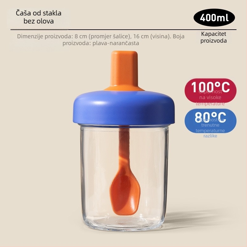 Zobena kašica čaša s poklopcem i žlicom; zapečaćena, nepropusna; materijal: soda-lime staklo; kapacitet: 400 ml; težina: 335 g