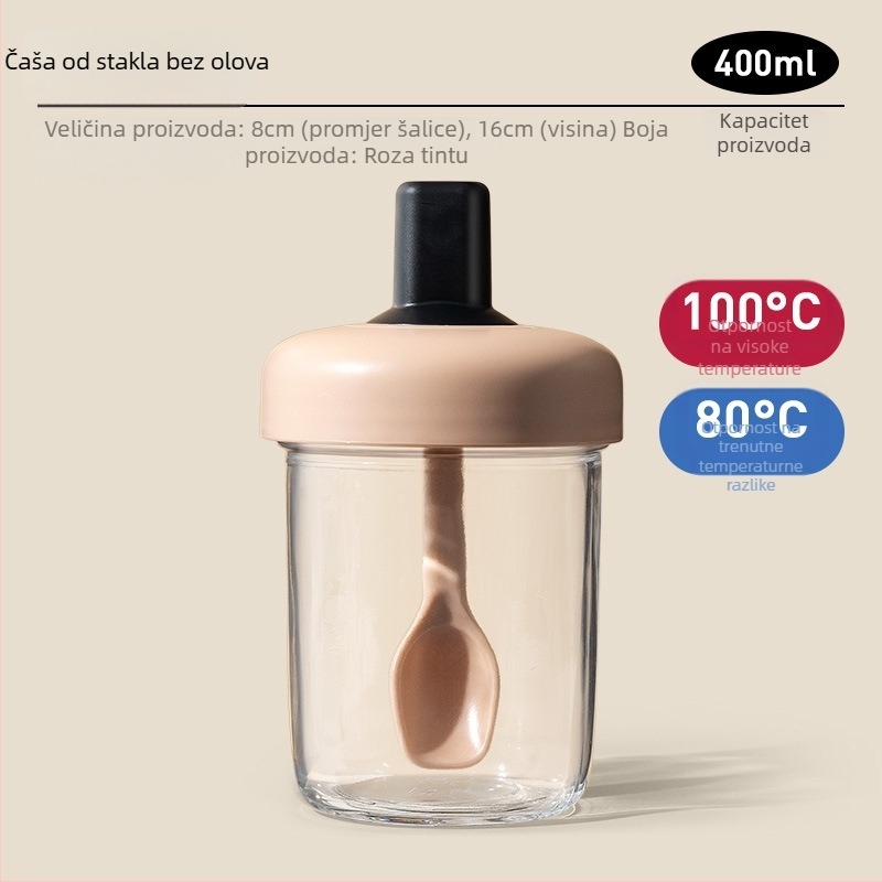 Zobena kašica čaša s poklopcem i žlicom; zapečaćena, nepropusna; materijal: soda-lime staklo; kapacitet: 400 ml; težina: 335 g