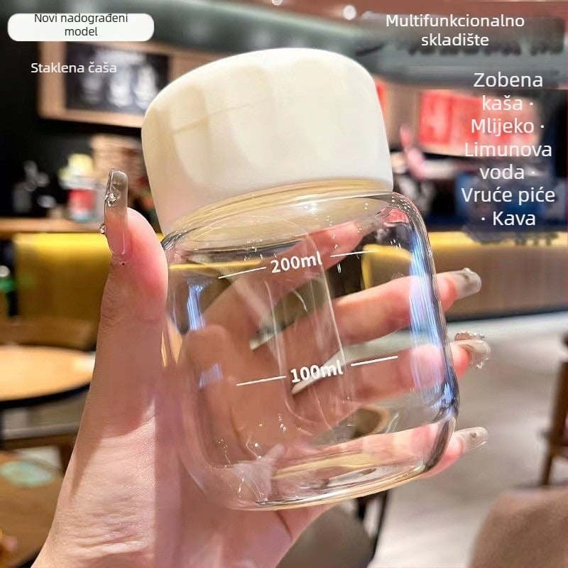 Staklena čaša za vodu s poklopom, moderni minimalistički dizajn, otisak logotipa, jednostruk konstrukcija, otporna na visoke temperature