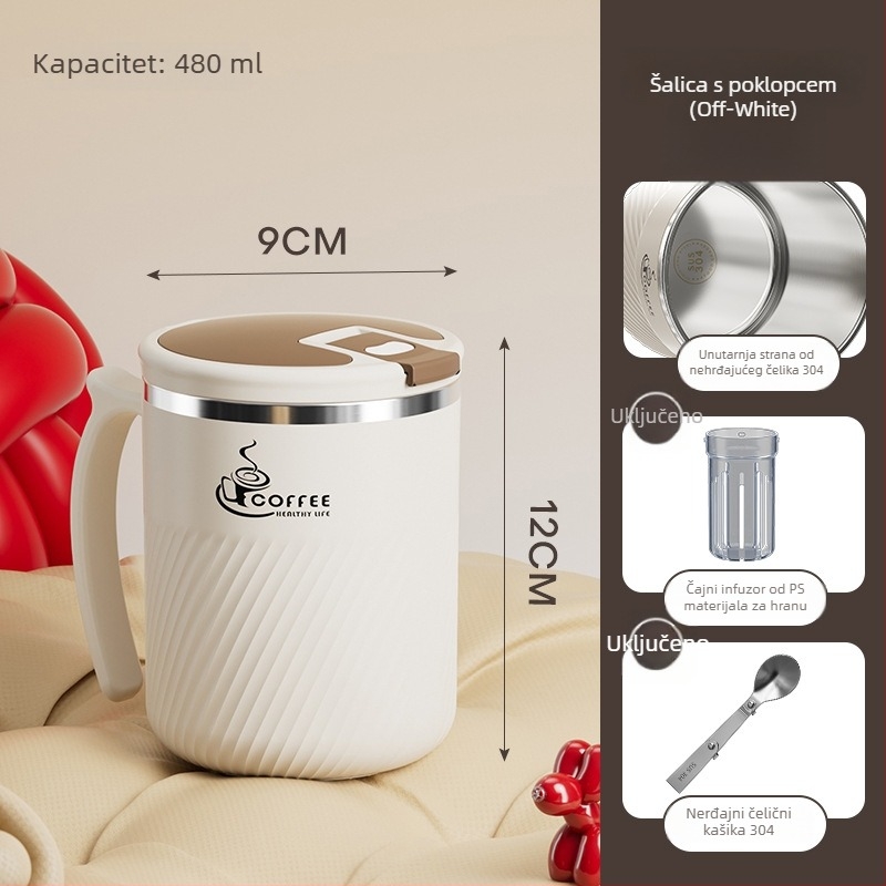 Šalica za čaj s infuzorom, od nehrđajućeg čelika 304, prijenosna, s poklopcem i žličicom