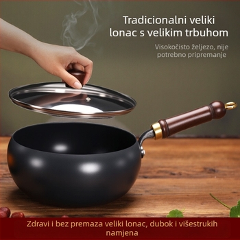 Željezni wok s velikim trbuhom, bez premaza, ravno dno, stakleni poklopac, 1,4 kg, kineskog stila, kompatibilan s indukcijskim plamenikom
