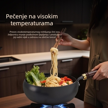 Željezni wok s velikim trbuhom, bez premaza, ravno dno, stakleni poklopac, 1,4 kg, kineskog stila, kompatibilan s indukcijskim plamenikom