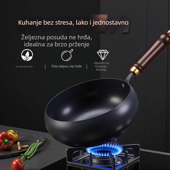 Željezni wok s velikim trbuhom, bez premaza, ravno dno, stakleni poklopac, 1,4 kg, kineskog stila, kompatibilan s indukcijskim plamenikom
