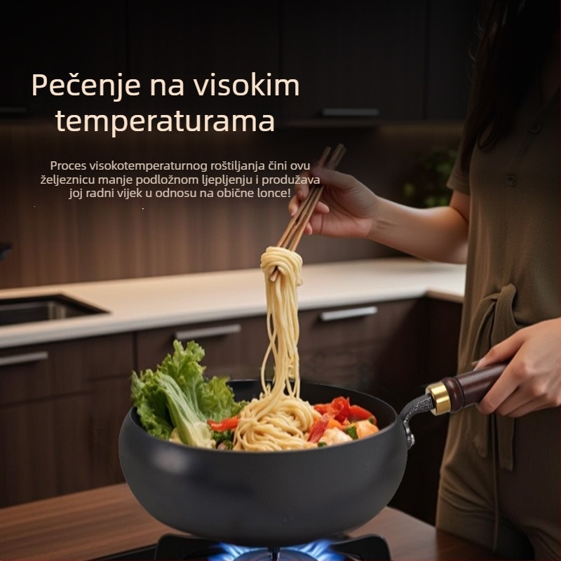 Željezni wok s velikim trbuhom, bez premaza, ravno dno, stakleni poklopac, 1,4 kg, kineskog stila, kompatibilan s indukcijskim plamenikom