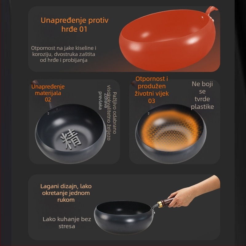 Željezni wok s velikim trbuhom, bez premaza, ravno dno, stakleni poklopac, 1,4 kg, kineskog stila, kompatibilan s indukcijskim plamenikom