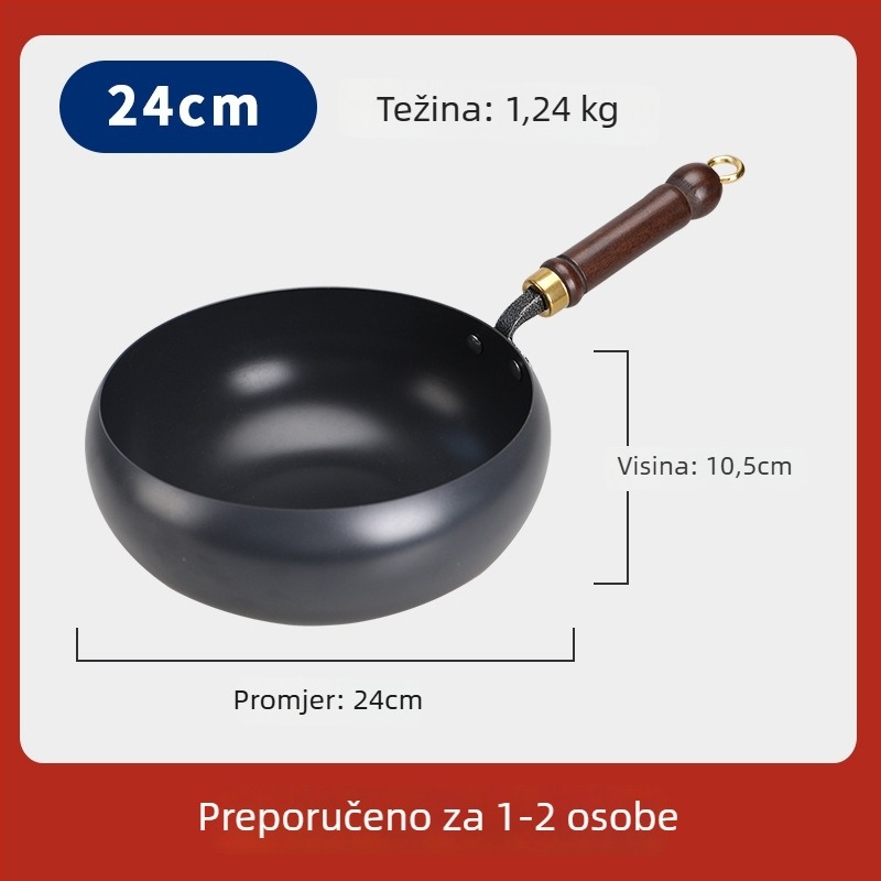 Željezni wok s velikim trbuhom, bez premaza, ravno dno, stakleni poklopac, 1,4 kg, kineskog stila, kompatibilan s indukcijskim plamenikom