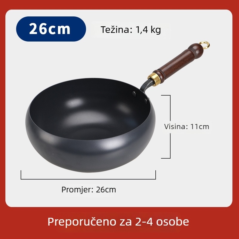 Željezni wok s velikim trbuhom, bez premaza, ravno dno, stakleni poklopac, 1,4 kg, kineskog stila, kompatibilan s indukcijskim plamenikom