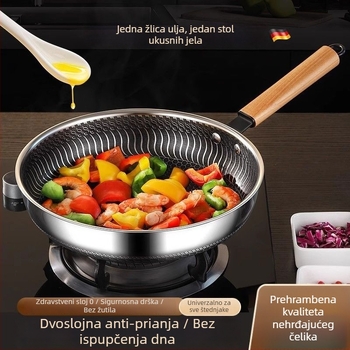 Wok tiganj s Maifan kamenom, neprijanjajući, 316L nehrđajući čelik, stakleni poklopac, jednoslojno dno