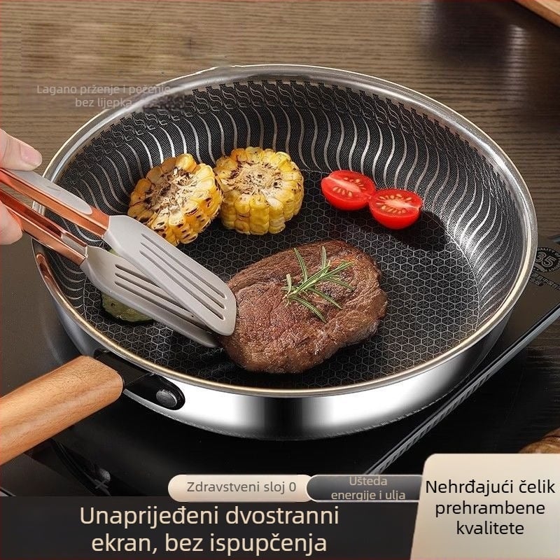 Wok tiganj s Maifan kamenom, neprijanjajući, 316L nehrđajući čelik, stakleni poklopac, jednoslojno dno