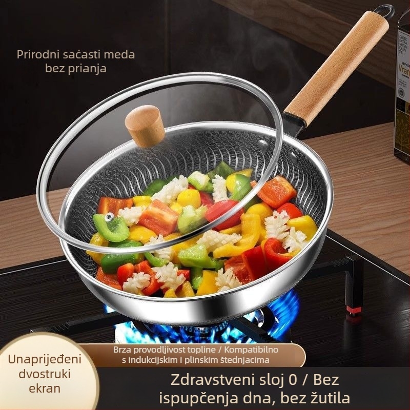 Wok tiganj s Maifan kamenom, neprijanjajući, 316L nehrđajući čelik, stakleni poklopac, jednoslojno dno