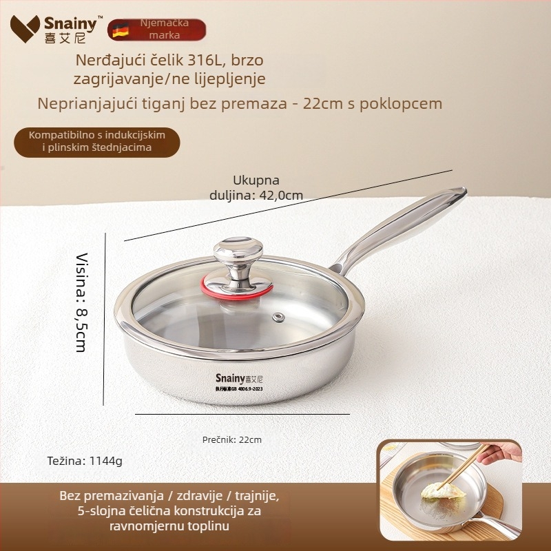 Tava od 316 nerđajućeg čelika, bez premaza, s višeslojnom dnom, pogodna za plin i indukcijsku ploču