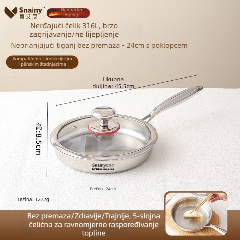 Tava od 316 nerđajućeg čelika, bez premaza, s višeslojnom dnom, pogodna za plin i indukcijsku ploču