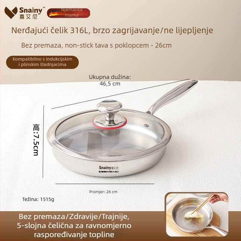 Tava od 316 nerđajućeg čelika, bez premaza, s višeslojnom dnom, pogodna za plin i indukcijsku ploču