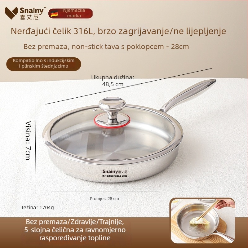 Tava od 316 nerđajućeg čelika, bez premaza, s višeslojnom dnom, pogodna za plin i indukcijsku ploču