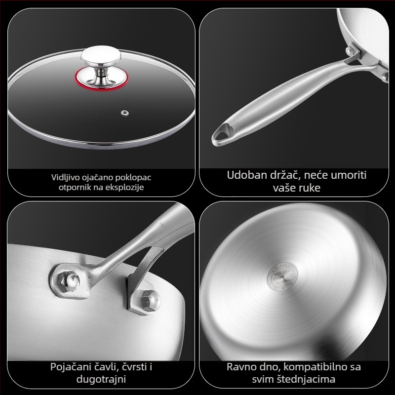 Neprijanjajući tiganj za palačinke i steakove, od nehrđajućeg čelika 316, indukcijska kompatibilnost, višeslojno dno, stakleni poklopac, težina 2 kg, Steel Laimei