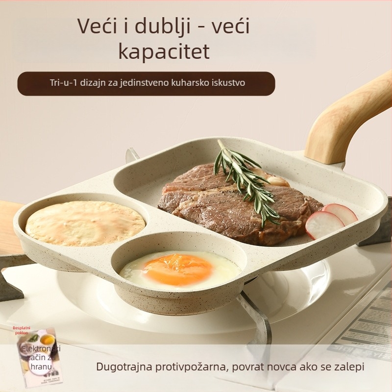Tiganj za doručak 3u1 – medicinski kamen, neprijanjajuća, kompatibilan s indukcijom, višeslojno dno