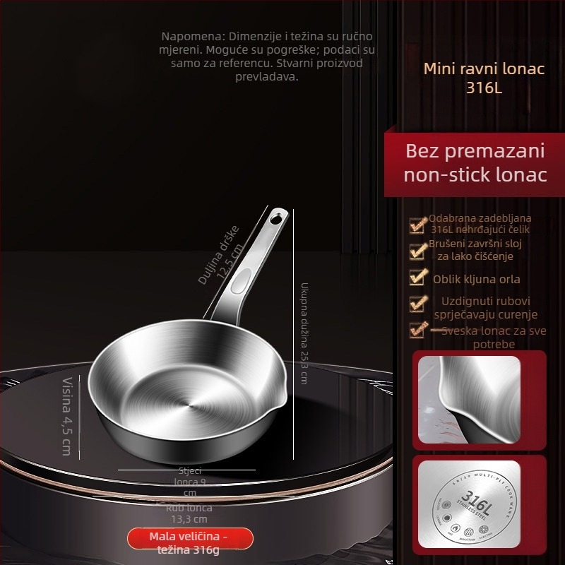 Tava za prženje od 316 nerđajućeg čelika s trostrukim dnom, bez premaza, s odvodnim otvorom, mini veličina