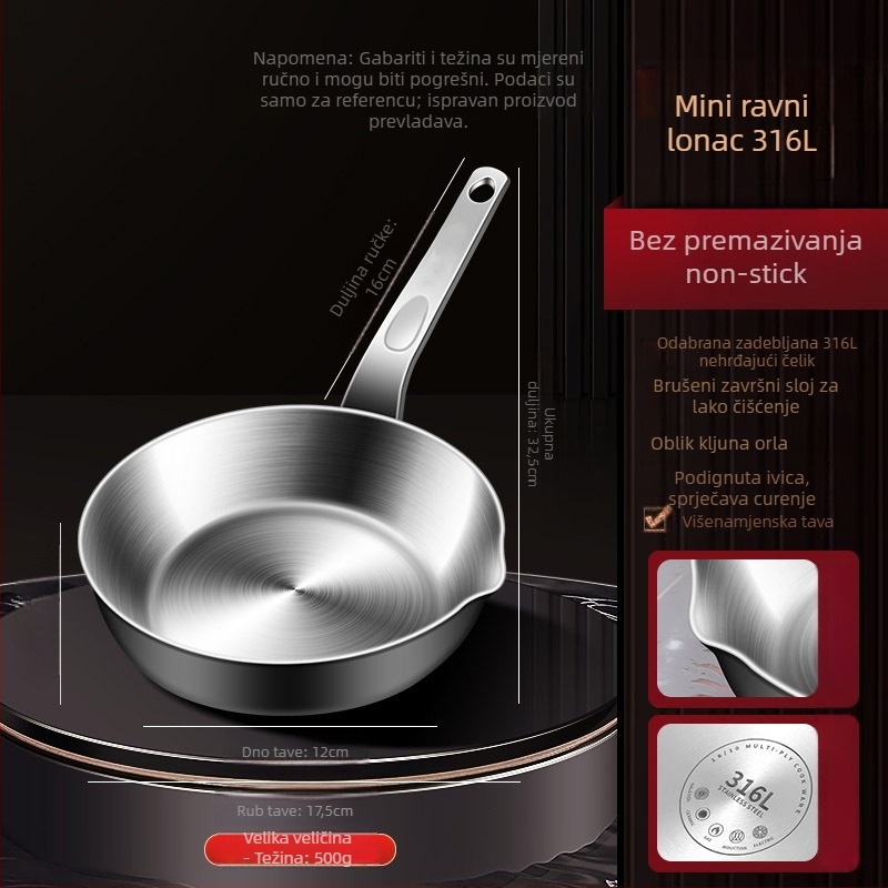 Tava za prženje od 316 nerđajućeg čelika s trostrukim dnom, bez premaza, s odvodnim otvorom, mini veličina
