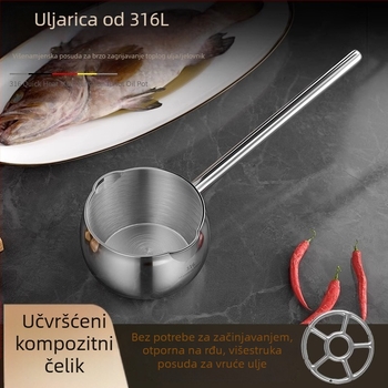 Žlica za izlijanje ulja od 316 čeličnog nehrđajućeg čelika, duga drška, za vruće ulje, bez premazivanja, model AH-001, težina 210 g/301 g, dno s tri sloja