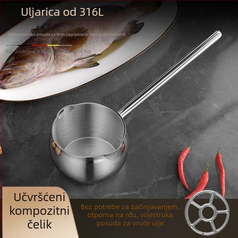 Žlica za izlijanje ulja od 316 čeličnog nehrđajućeg čelika, duga drška, za vruće ulje, bez premazivanja, model AH-001, težina 210 g/301 g, dno s tri sloja