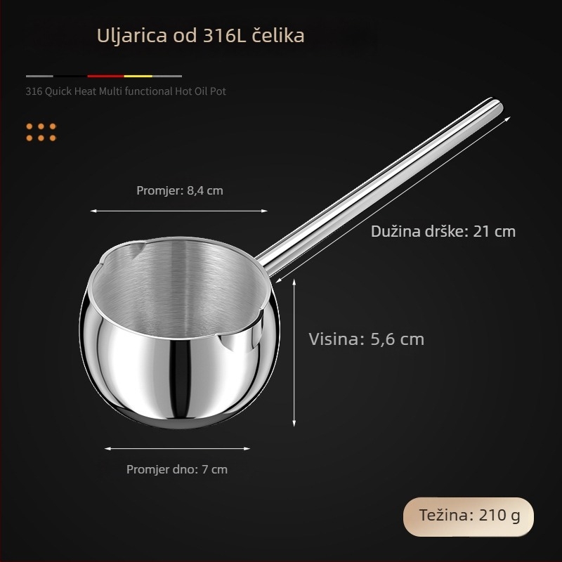 Žlica za izlijanje ulja od 316 čeličnog nehrđajućeg čelika, duga drška, za vruće ulje, bez premazivanja, model AH-001, težina 210 g/301 g, dno s tri sloja