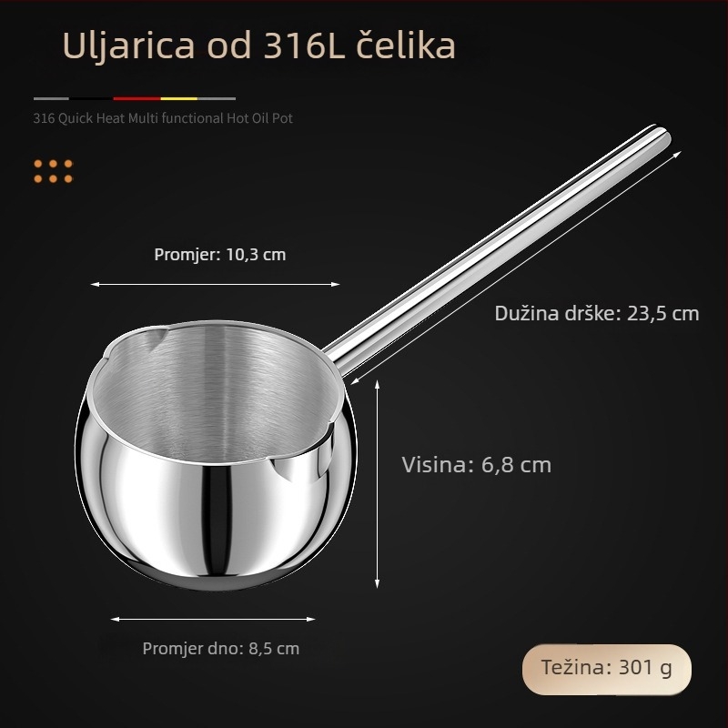 Žlica za izlijanje ulja od 316 čeličnog nehrđajućeg čelika, duga drška, za vruće ulje, bez premazivanja, model AH-001, težina 210 g/301 g, dno s tri sloja