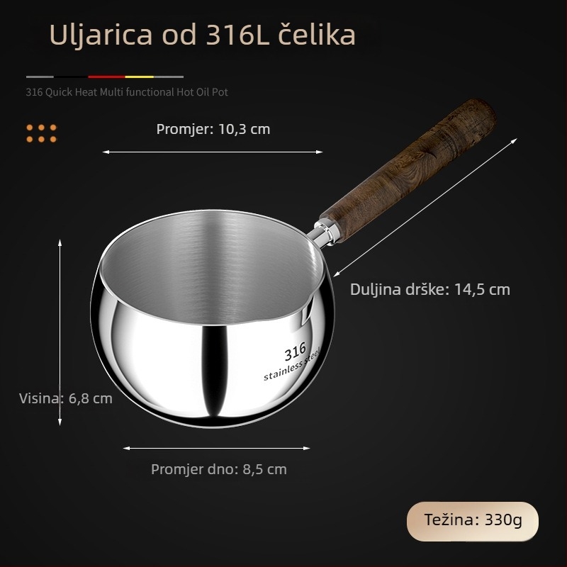 Žlica za izlijanje ulja od 316 čeličnog nehrđajućeg čelika, duga drška, za vruće ulje, bez premazivanja, model AH-001, težina 210 g/301 g, dno s tri sloja