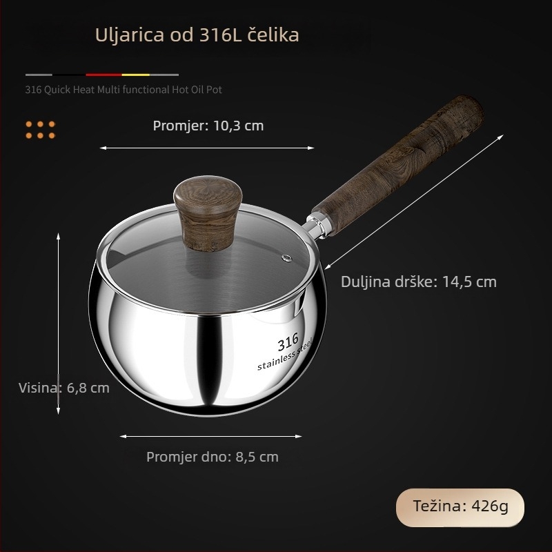 Žlica za izlijanje ulja od 316 čeličnog nehrđajućeg čelika, duga drška, za vruće ulje, bez premazivanja, model AH-001, težina 210 g/301 g, dno s tri sloja