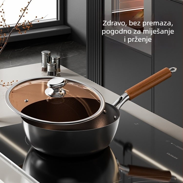 Wok od titan-željeza, jednostrano dno, staklena poklopca, otporan na hrđu, mogućnost prilagodbe