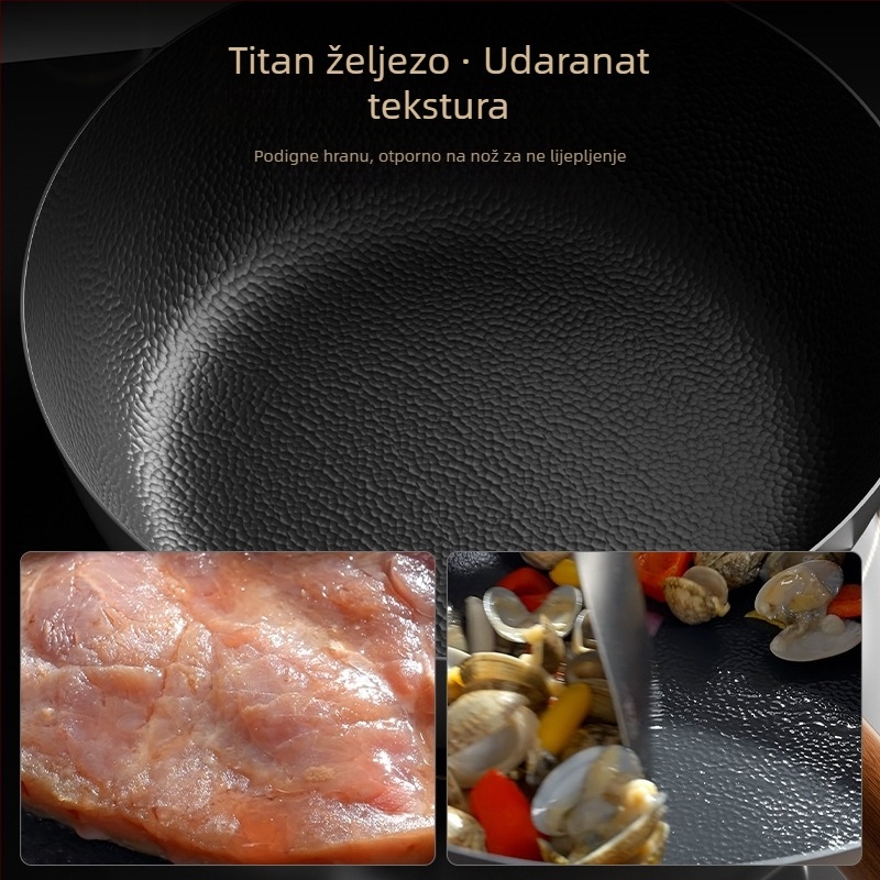 Wok od titan-željeza, jednostrano dno, staklena poklopca, otporan na hrđu, mogućnost prilagodbe