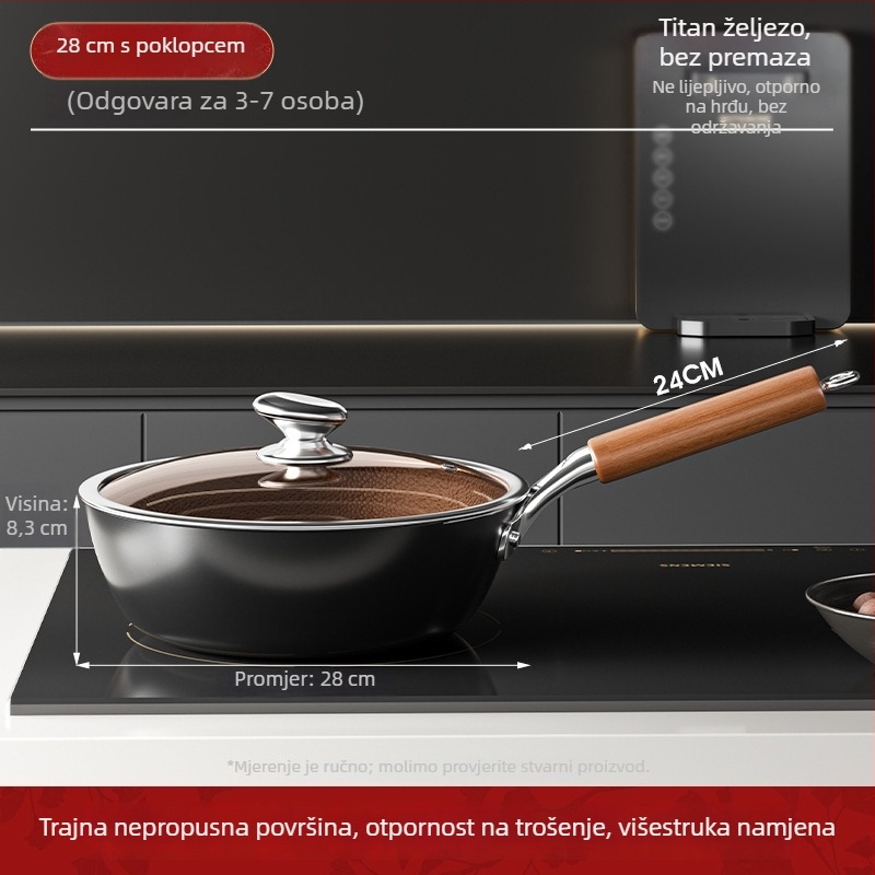 Wok od titan-željeza, jednostrano dno, staklena poklopca, otporan na hrđu, mogućnost prilagodbe
