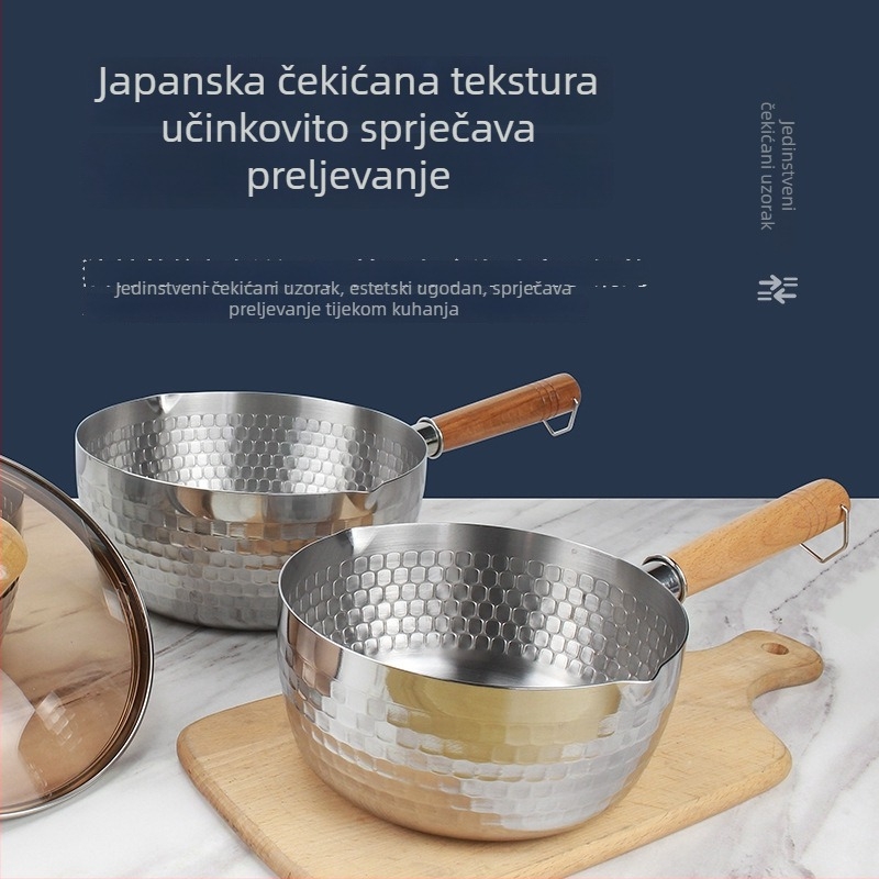 Lonac za mlijeko od 304 nehrđajućeg čelika s drvenom ručkom, bez premaza, stakleni poklopac, jednostrano dno