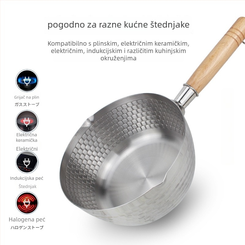 Lonac za mlijeko od 304 nehrđajućeg čelika s drvenom ručkom, bez premaza, stakleni poklopac, jednostrano dno