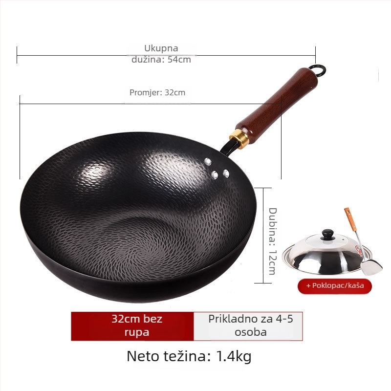 Wok od kovanog željeza, bez premaza, neprijanjajuća površina, ravno dno, poklopac od nehrđajućeg čelika