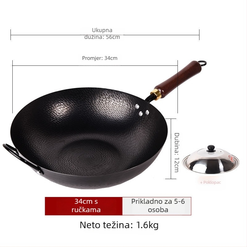 Wok od kovanog željeza, bez premaza, neprijanjajuća površina, ravno dno, poklopac od nehrđajućeg čelika