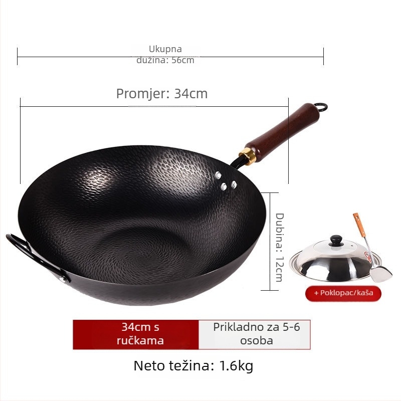 Wok od kovanog željeza, bez premaza, neprijanjajuća površina, ravno dno, poklopac od nehrđajućeg čelika