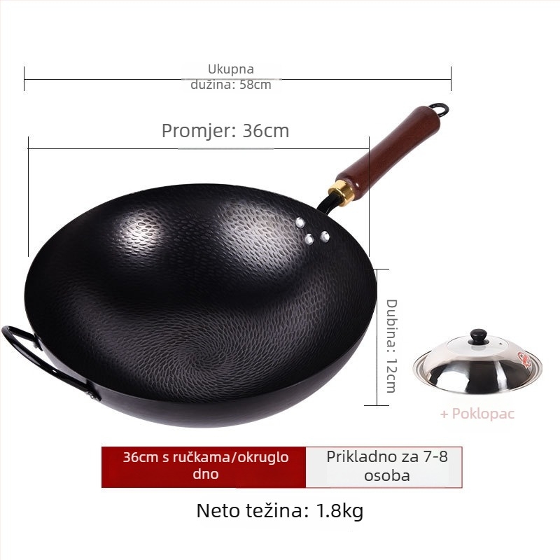 Wok od kovanog željeza, bez premaza, neprijanjajuća površina, ravno dno, poklopac od nehrđajućeg čelika